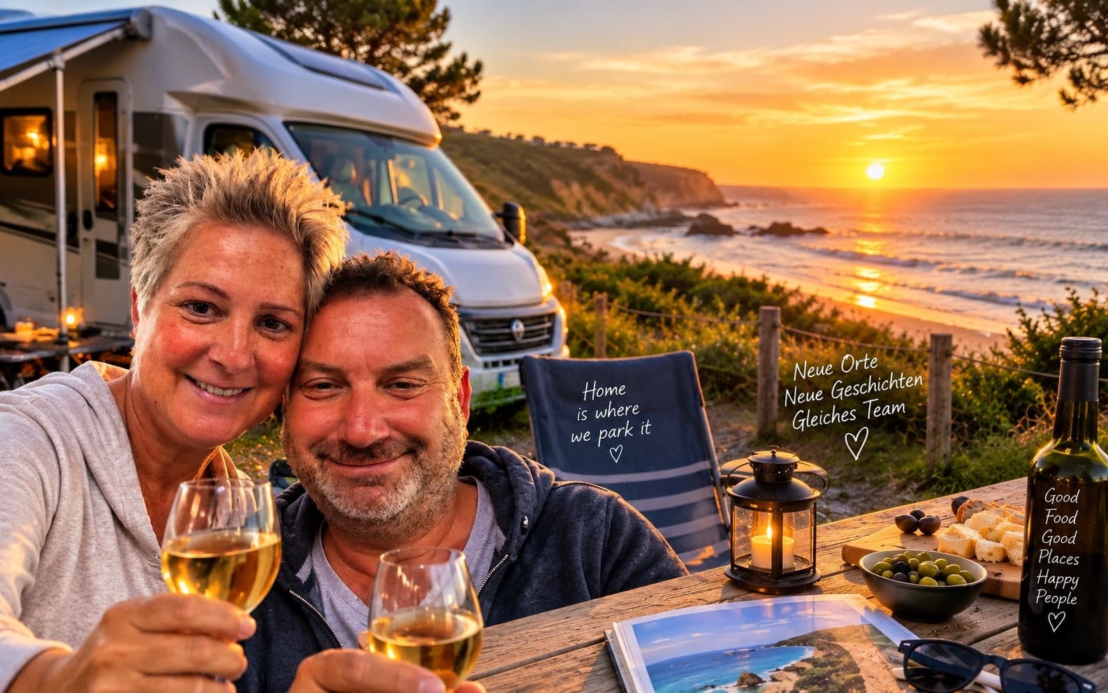 Wir beide mit Wein vor dem Wohnmobil an der Atlantikküste bei Sonnenuntergang